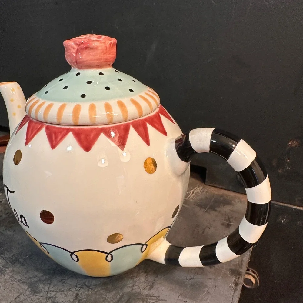 Whimsical Teapot Mug Set Harlequin Polka Dot Striped MacKenzie Childs Style Tea